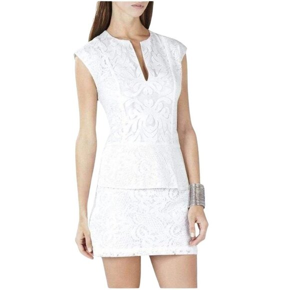 BCBGMaxAzria White Lace Isabel Draped-Side Peplum Dress $185 - Picture 3 of 12